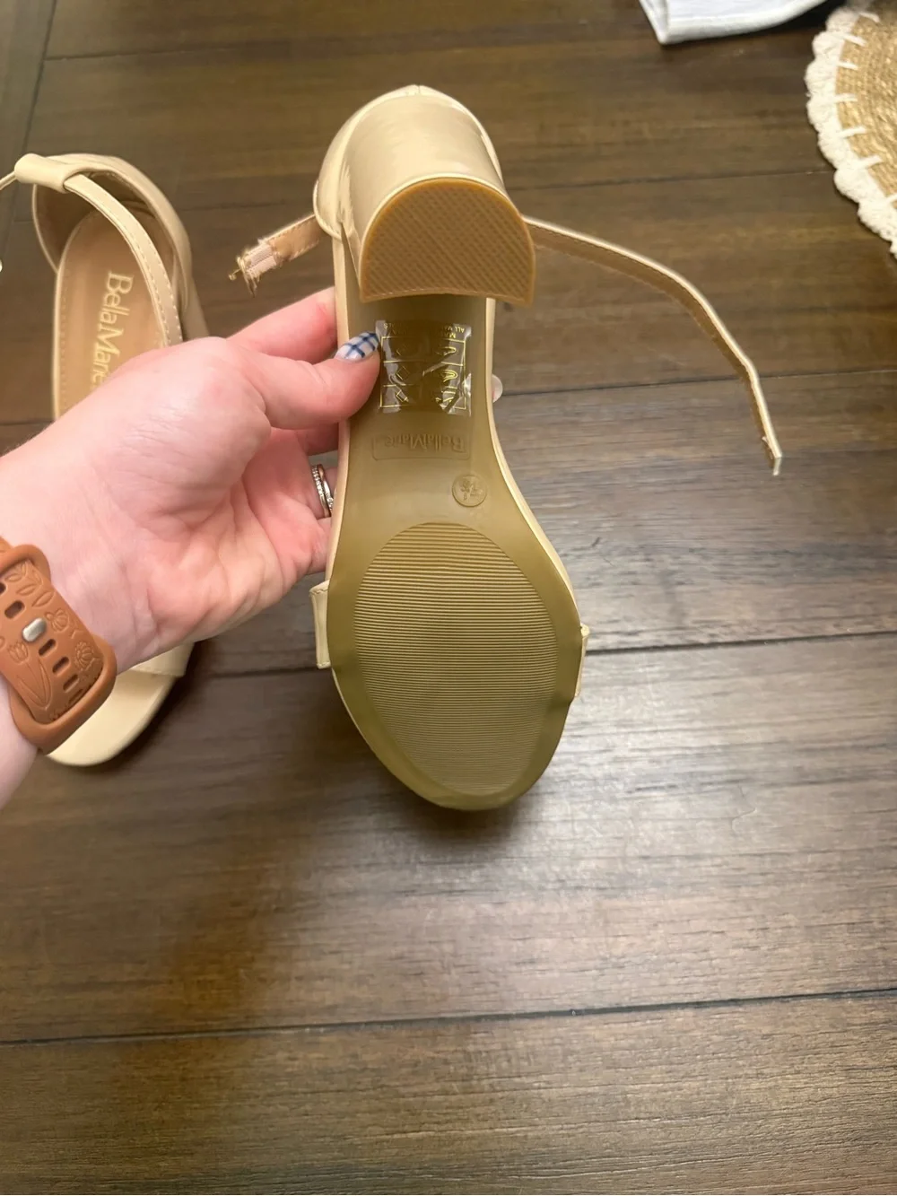 Bella Marie Beige Patent Ankle-Strap Block Heels
